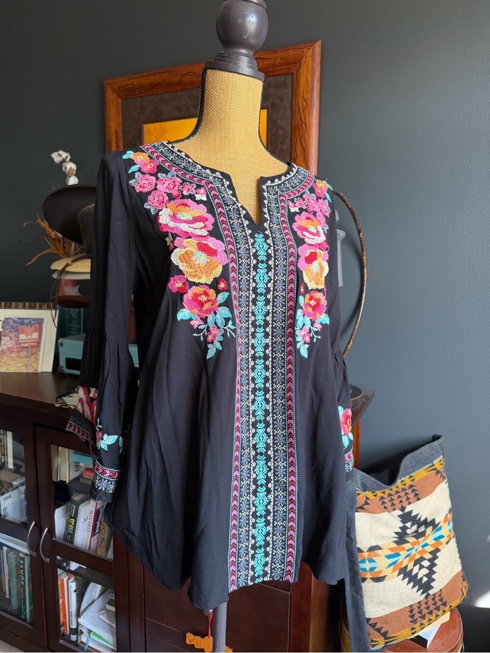 Embroidered Floral Tunic Top - Black with Pink & Teal Accents